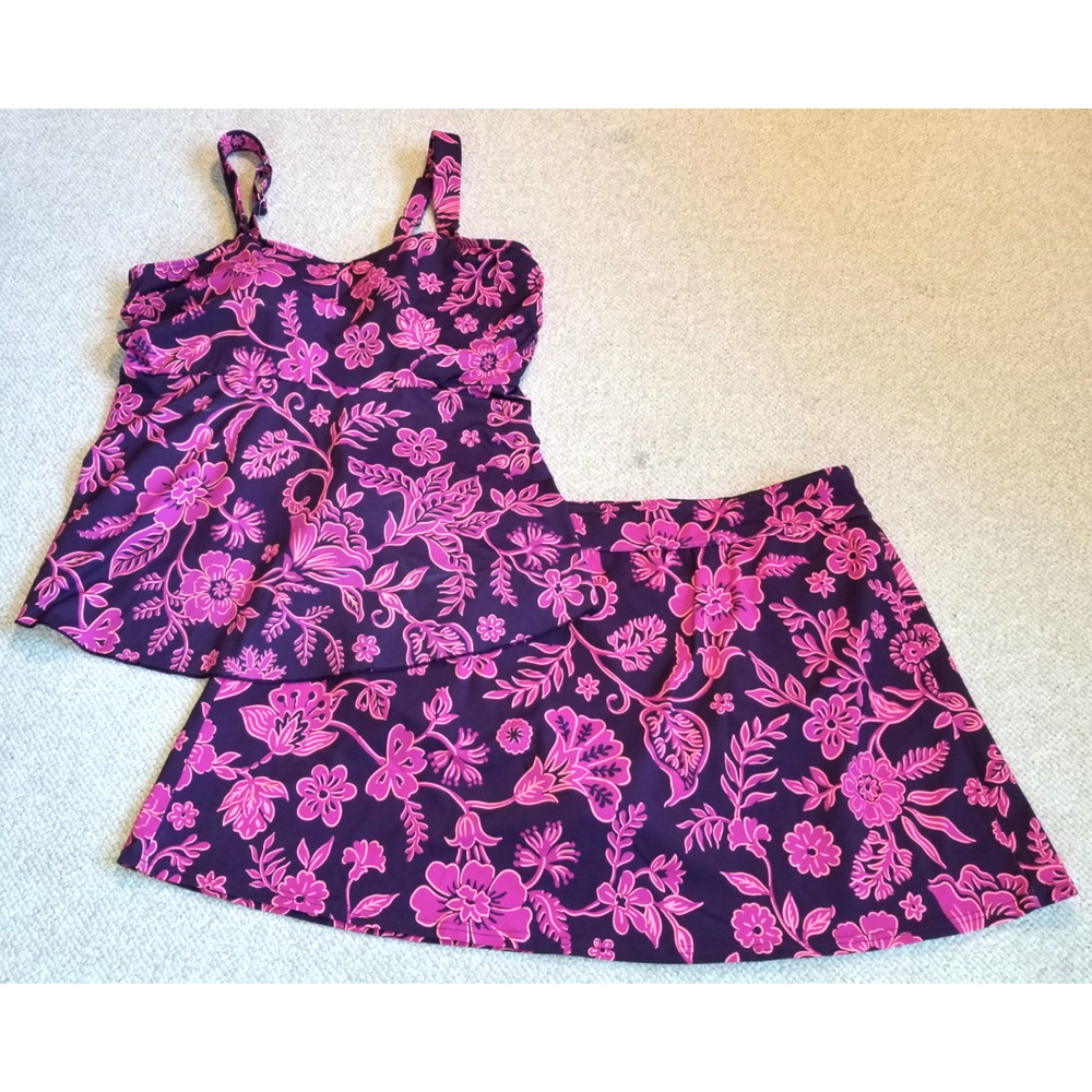 Womens Swim Suit-LANDS' END-purple nylon stretch padded tankini + skort-XL/22W